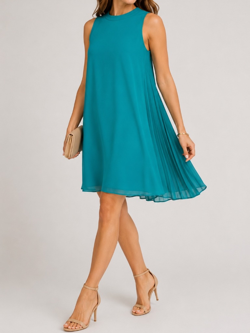 DR2 Teal Shift Dress Sleeveless High Neck Pleated Back Lined XS